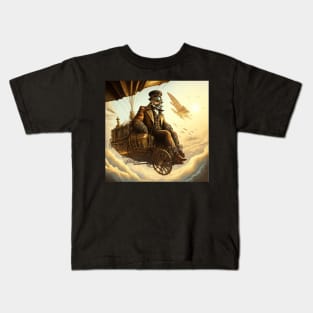 Steampunk ballon airship flyer watching the sunset above the clouds Kids T-Shirt